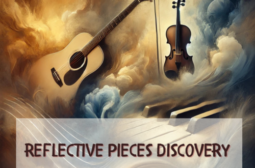 Abstract image of an acoustic guitar, piano keys, and violin blending into a serene landscape, representing reflective instrumental music.