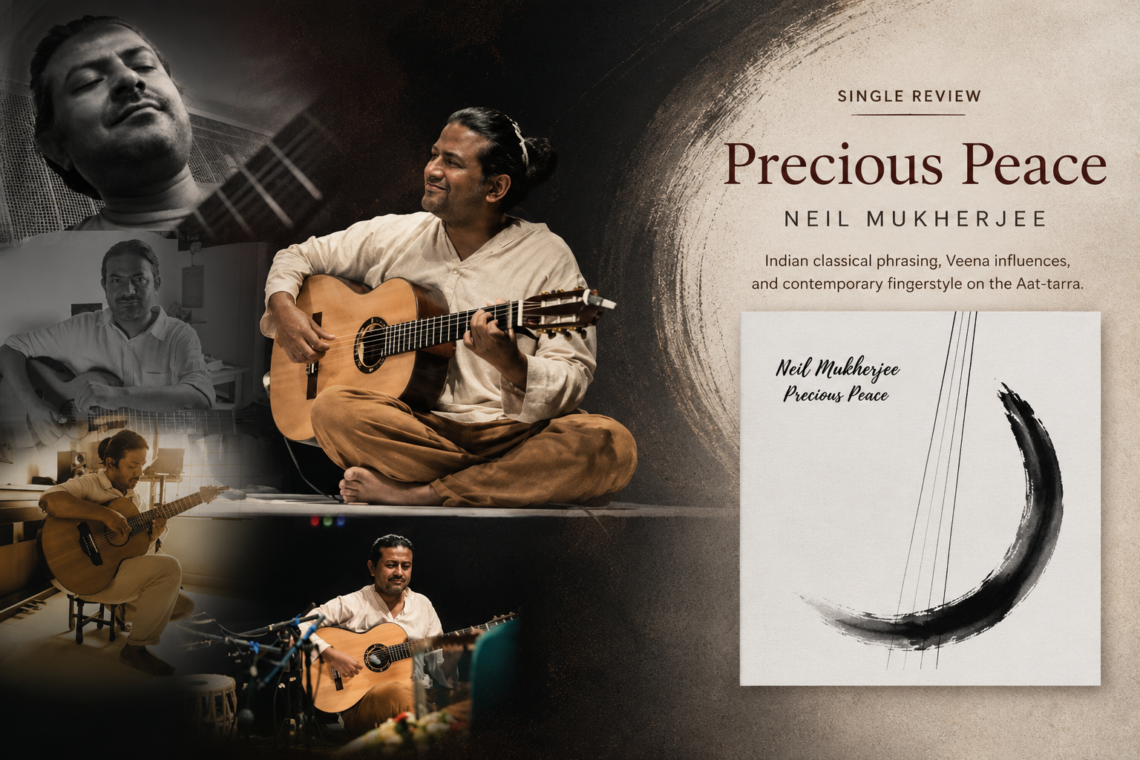 Neil Mukherjee Precious Peace single cover featuring minimalist artwork and Aat-tarra inspired design